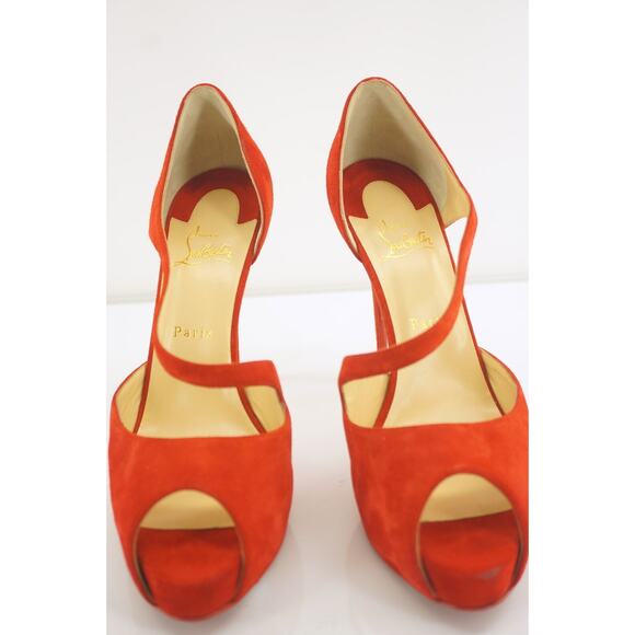 Christian Louboutin Catchy Two Platform Peep Toe Pumps SZ 41 11 Loubi Red Suede - Picture 2 of 9